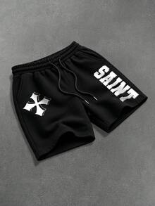 Manfinity LEGND Short noir pour homme, motif croix américaine, foi religieuse, graphique lettre SAINT, style de rue, esthétique sombre, trajet d'été, sport, port quotidien, pratique - Noir - Voir 1
