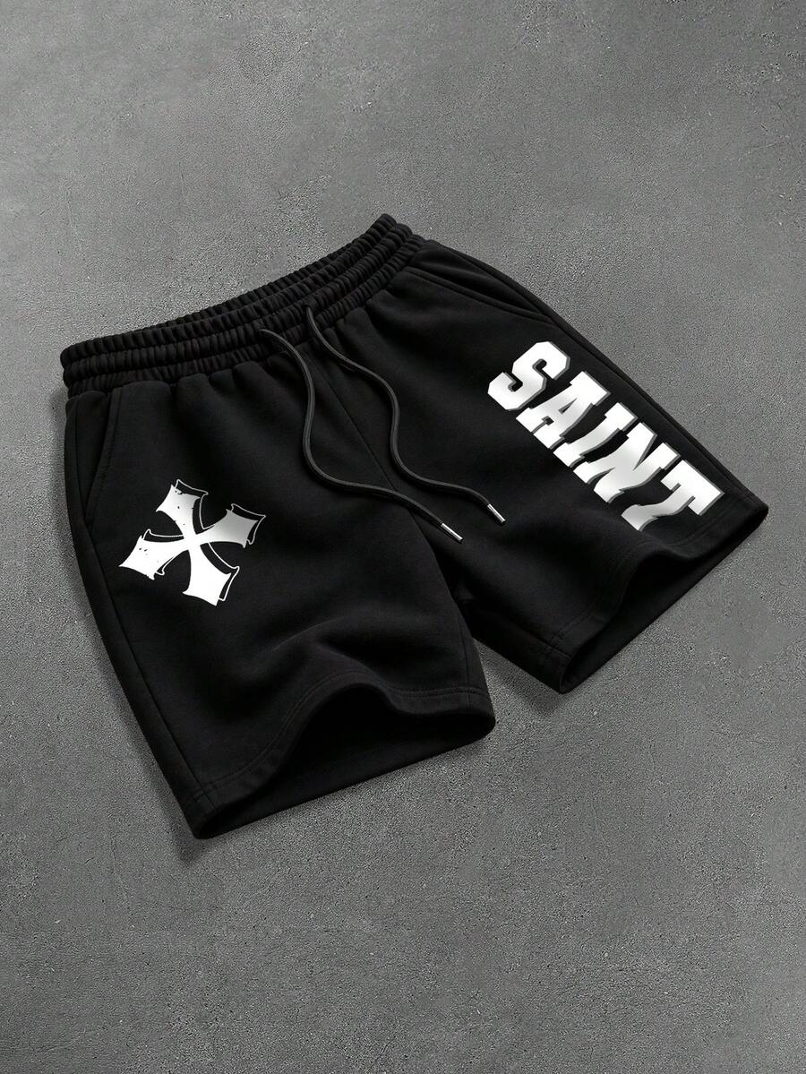Manfinity LEGND Short noir pour homme, motif croix américaine, foi religieuse, graphique lettre SAINT, style de rue, esthétique sombre, trajet d'été, sport, port quotidien, pratique - Noir - Voir 1