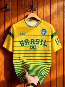 Manfinity Campus Court 復西隊風格黃綠橫條紋拼色印花足球短袖上衣，美國 BRASIL #10 印花圓領 T 恤，男女款圖案 T 恤，男士時尚休閒運動球衣，足球用品 - 彩色 - 查看 3