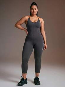Powerista Plus Size Women's Letter Print Contrast Color Crisscross Backless Shaping Sports Jumpsuit - Dark Grey - View 4