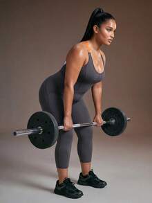 Powerista Plus Size Women's Letter Print Contrast Color Crisscross Backless Shaping Sports Jumpsuit - Dark Grey - View 5