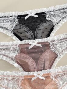 FairyFlirt Women's Lace Patchwork Bow Mesh Comfortable Thong Panties 3-Piece Set - Multicolor - View 3