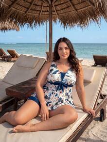 Swim Lushoire Plus Size Women's Floral Print Top And Shorts Two-Piece Swimsuit Set, Suitable For Summer Vacation And Beach - Multicolor - View 6
