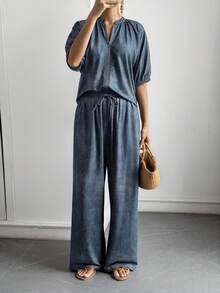 DAZY Conjunto de 2 piezas de mujer de verano y otoño, cuello en V, manga corta, cremallera, cintura con lazo, pierna ancha suelta, azul pizarra, denim, casual para vacaciones - Azul Marino - Ver 5