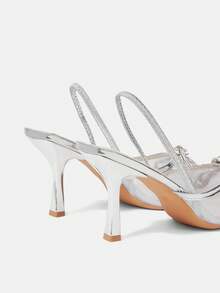 CUCCOO HITCHD Silver Rhinestone Bow Mesh Pointed Back Strap Stiletto Sandals, Banquet Party Wedding Bridesmaid Shoes - Silver - View 5