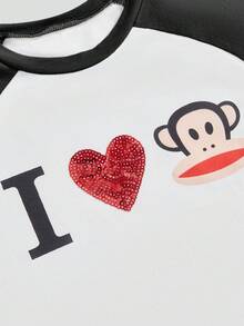Paul Frank X ROMWE Camiseta ajustada de manga raglán con estampado I Love de marca compartida para mujer, estilo casual subcultura - Negro - Ver 4