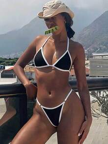 Costavie 女款度假海灘拼接飾邊泳衣套裝 - 黑色 - 查看 8
