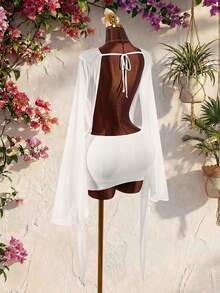 Amplova 浪漫度假風大地色低領垂領喇叭袖貼身迷你洋裝 - 白色 - 查看 7