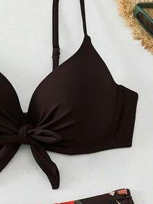 SHEIN Swim Swim Lushoire 女士成熟時尚性感泳裝兩件套，青藍孔雀綠前綁帶純色比基尼上衣搭配花卉印花短褲套裝，夏季海灘度假風 - 棕色 - 查看 5