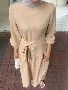 DAZY Women's Casual Modest Elegant Long Sleeve Lantern Sleeve Beige Color Cinched Waist Patchwork Hem Loose Fit Long Dress, Autumn Everyday Daytime - Apricot - View 3