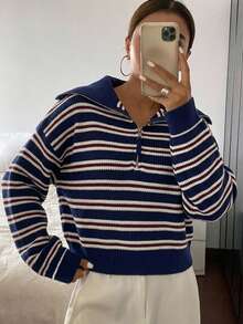 DAZY 商務休閒條紋長袖半拉鍊套頭衫 - 藏蓝色 - 查看 3