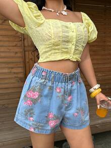 Sunnyshic Damen-Denim Shorts in großen Größen mit Blumenmuster, lässig und vielseitig für den Alltag - Helle Waschung - Übersicht 6