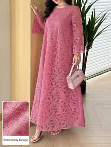 Al Najma Đầm dáng chữ A suông tay lỡ 3/4 cổ tròn thêu 3D dày dặn cho xuân/hè - Hồng - Xem 12