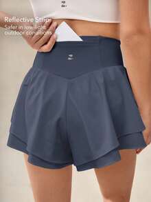 OutZeal Women Tummy Control Stretchy Crossover-Waist Built-In Shorts Double-Layer Hem Sports Shorts Tennis Gym Workout - Dusty Blue - View 5
