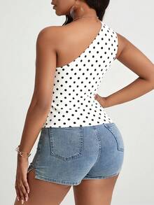 VaVaBold Women's Polka Dot One Shoulder Ruched Fitted Versatile Daily Casual Top - Black and White - View 2