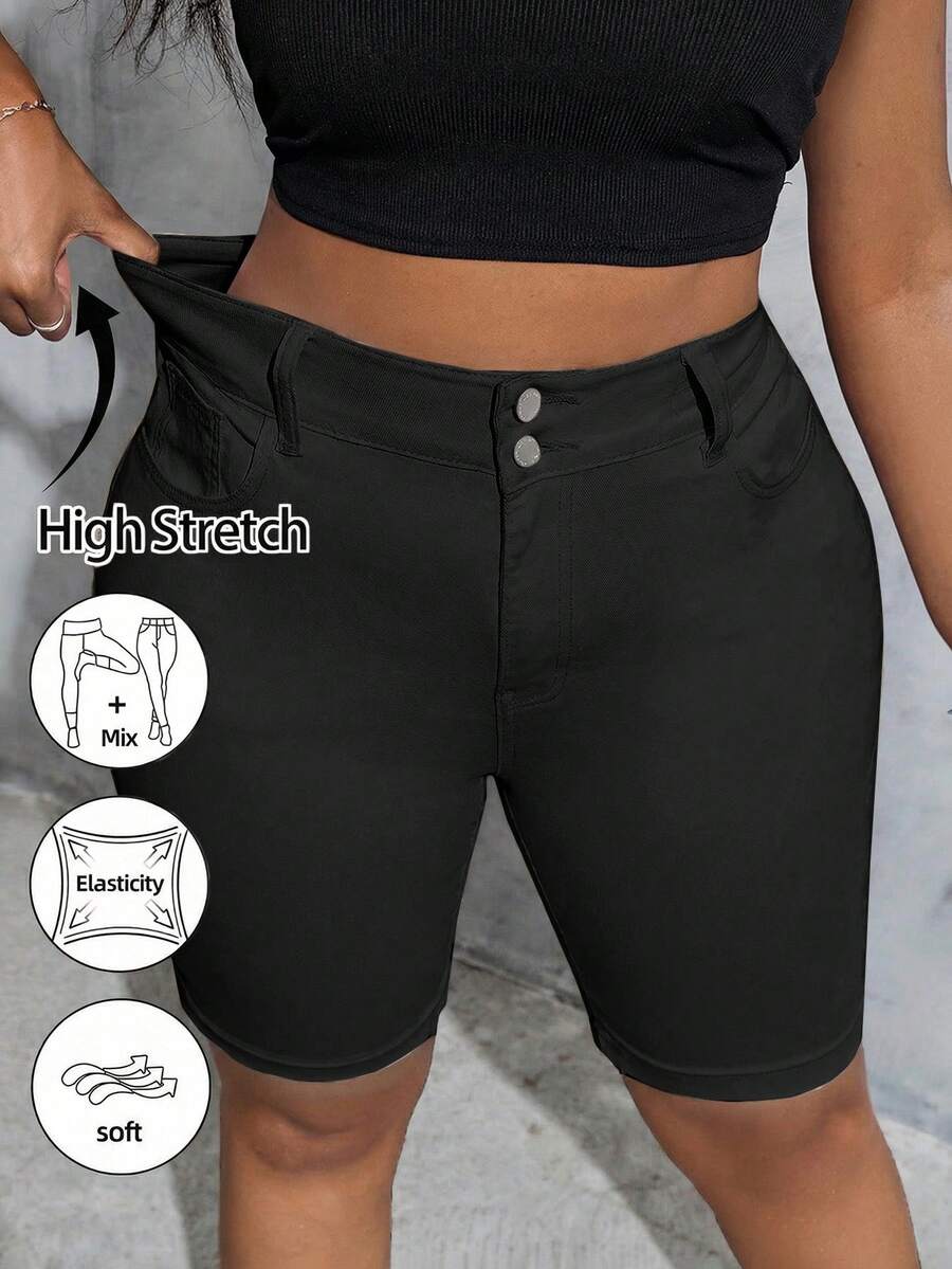 SHEIN Tall CURVE 大尺碼夏季休閒百搭修身牛仔短褲 - 黑色 - 查看 1