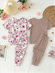 SHEIN 女童休閒簡約修身舒適圓領短袖長褲居家服套裝，4件套，適合春夏 - 卡其色 - 查看 3