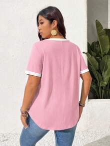 SHEIN Frenchy Plus Size Versatile Fashion Textured Colorblock Short Sleeve T-Shirt For Daily Wear Formal Vacation Pink Summer Casual - Pink - View 7