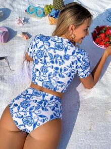 Swim SPRTY Conjunto de Tankini con Estampado Floral para Vacaciones en la Playa - Azul y blanco - Ver 8