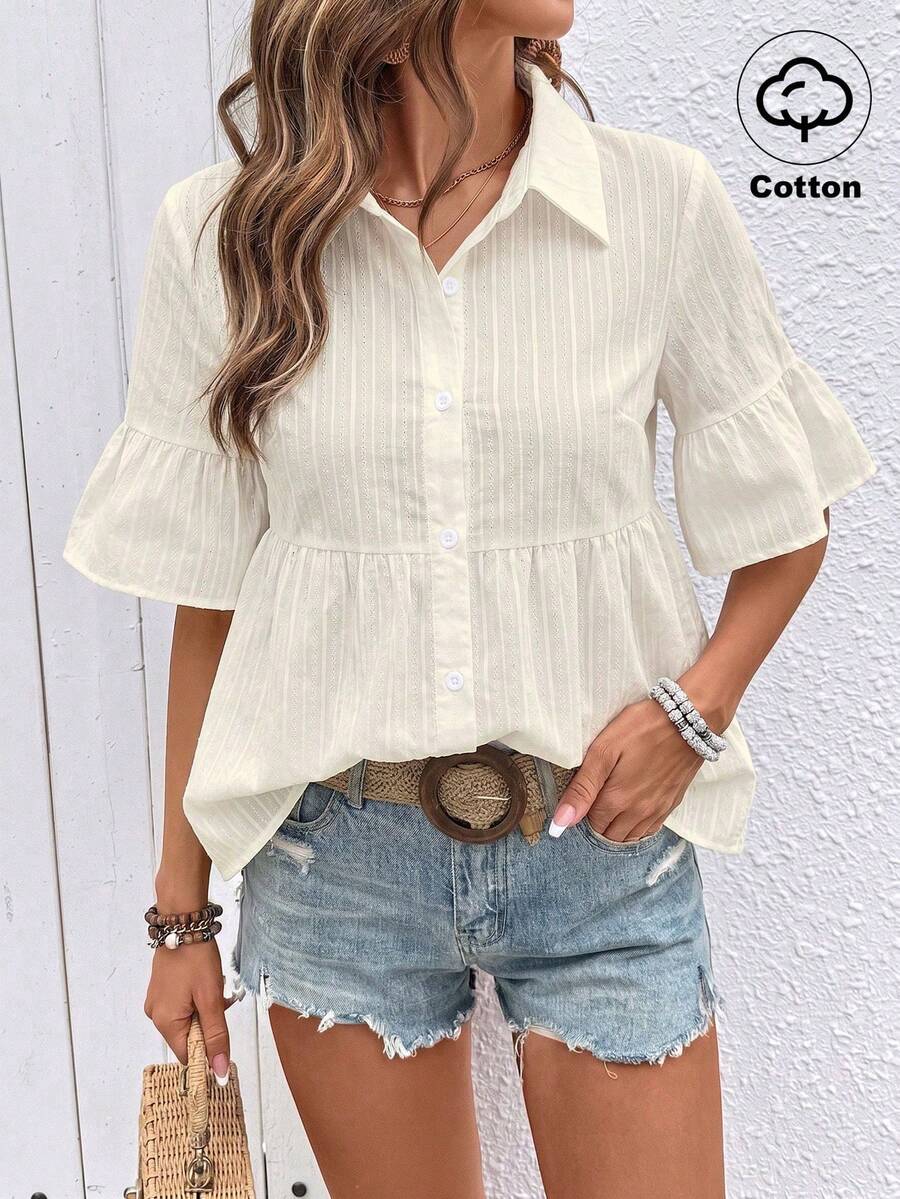 SHEIN Holidaya 女款時尚簡約條紋單排扣襯衫,商務休閒風 - 杏色 - 查看 1