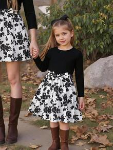 Emery Rose Kids Emery Rose Kids 女童針織圓領拼接豹紋修身休閒洋裝，大花朵長袖洋裝，適合春、秋、冬 - 彩色 - 查看 2