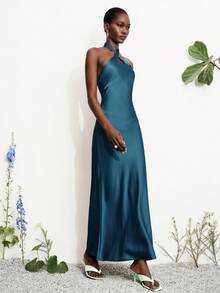 Aveloria Modichic Fashionable Elegant Elegant Slim Fit Sexy Satin Halter Neck Solid Color Dress Wedding Corporate Formal Teal Blue Summer - Blue - View 4