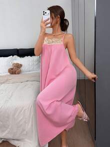 Napfluff Minimalist Textured Lace Trim Spaghetti Strap Long Nightgown For Women - Pink - View 5