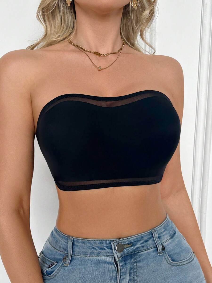 SHEIN 色無縫網格拼接透視性感抹胸式裹胸內衣女款 - 黑色 - 查看 1