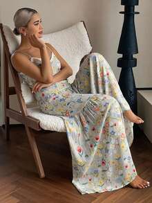 DAZY Sweet Floral Pattern Lace Patchwork Sleeveless Camisole & Wide Leg Pants 2-Piece Set Summer Women's Pajama Outfit - Light Grey - View 3