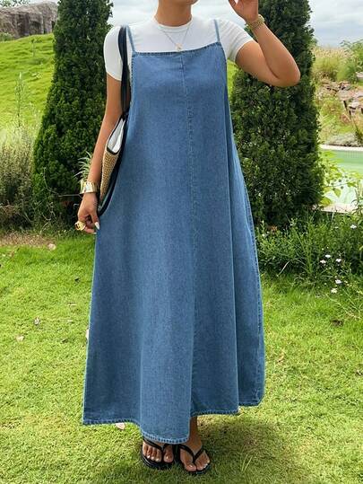 Dazy Plus Gaun Kamisol Berlapis Longgar Denim Biru Muda Bergaya Vintage untuk Wanita Ukuran Plus, Gaun Denim Musim Semi/Musim Panas