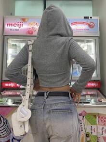 SHEIN EZwear 休閒簡約花卉灰色女款修身拉鍊連帽衛衣，秋冬款 - 淺灰色 - 查看 2