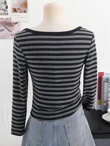 Tween Girl Sweet & Cool Style Striped Long Sleeve T-Shirt, Classic Black & Gray Stripes, Stretchy, Crewneck, Bell, Ruched, Knit - Grey - View 2