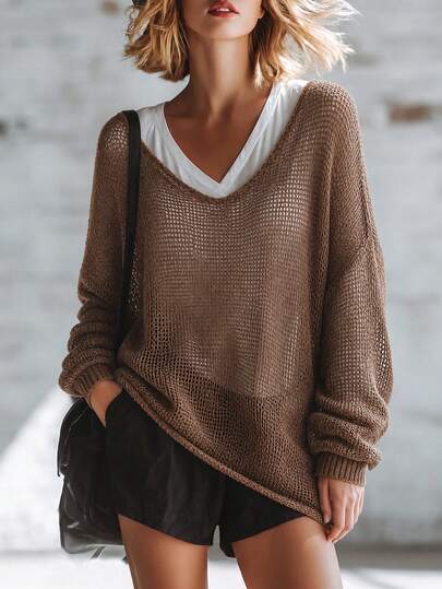 Balvessa Pull femme mode transparent ajouré à manches longues pour vacances à la plage