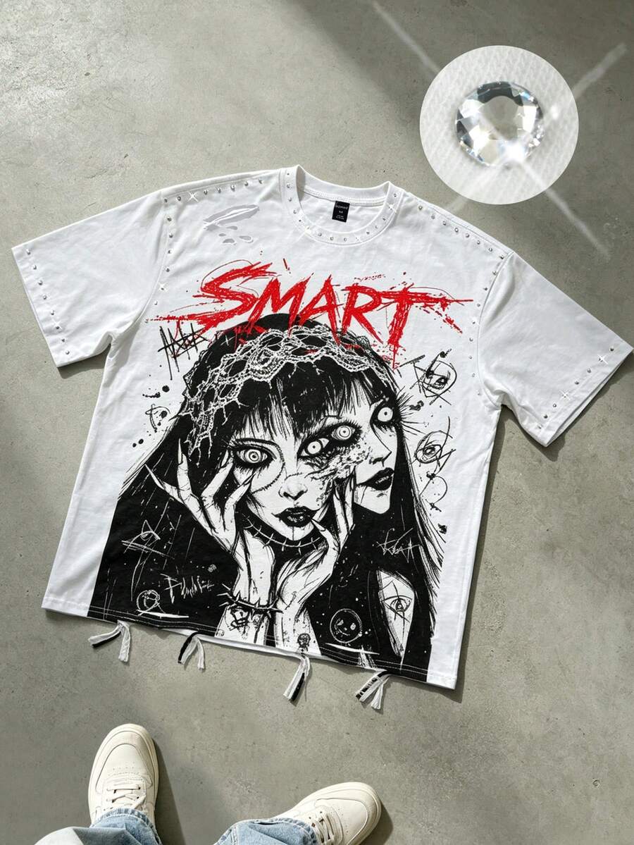 ROMWE MEN Street Life Men's Casual Fashion Heavy Rhinestone Embellished Short Sleeve Crew Neck T-Shirt - White - View 1