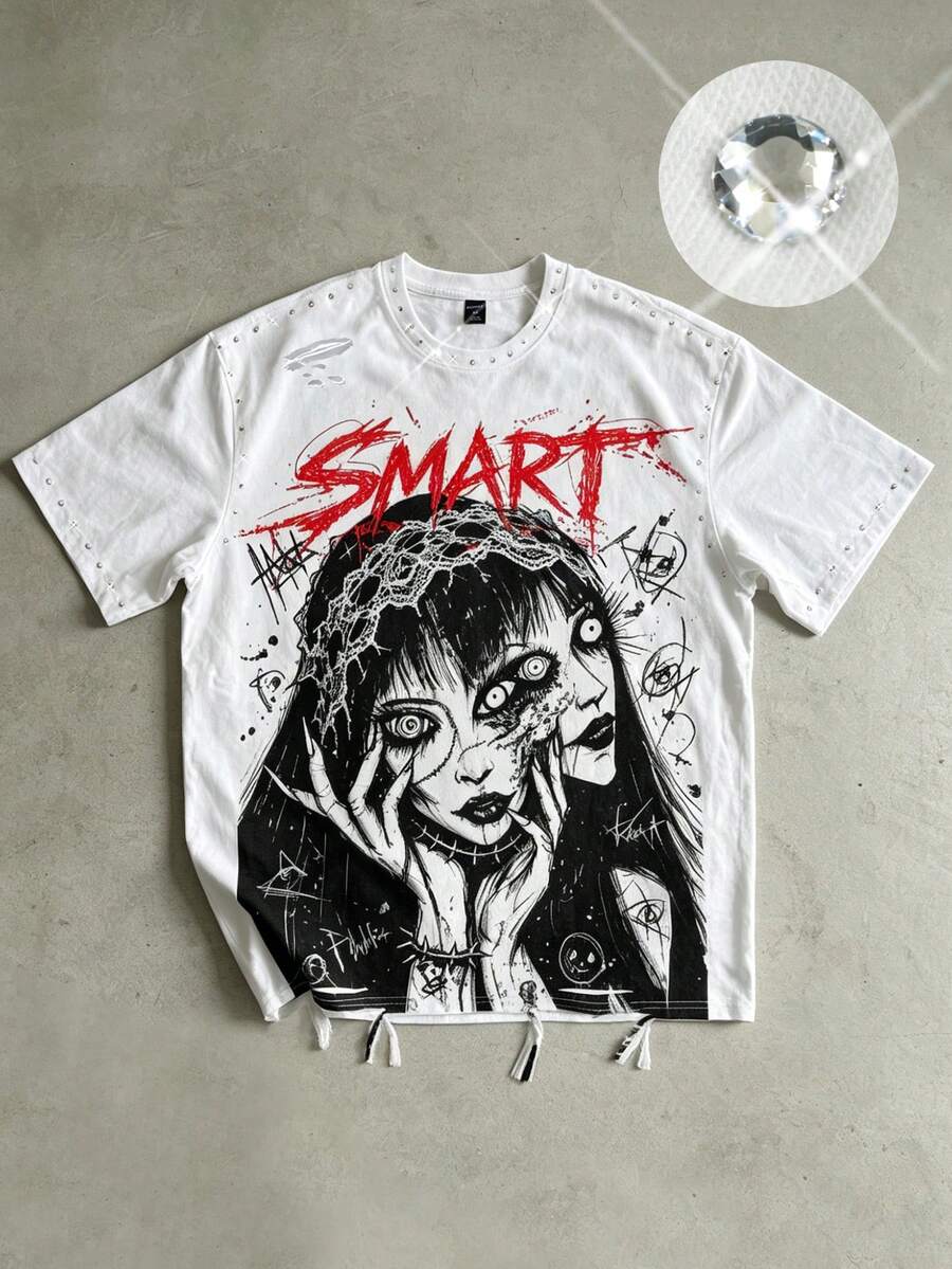 ROMWE MEN Street Life Men's Casual Fashion Heavy Rhinestone Embellished Short Sleeve Crew Neck T-Shirt - White - View 1