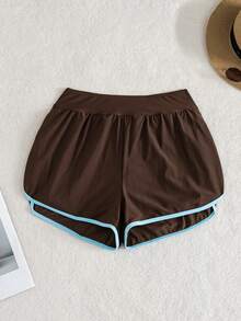 Swim Basics Springbreak 女款黑白拼接飾邊運動休閒短褲沙灘褲 - 咖啡棕 - 查看 3