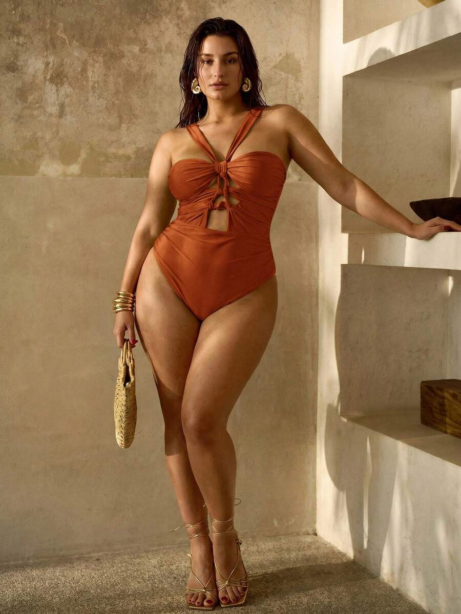 MOTF PREMIUM PLUS SIZE WOMEN SUMMER BEACH ELEGANT VACATION TWIST CUTOUT ONE-PIECE SWIMSUIT - Orange - View 2