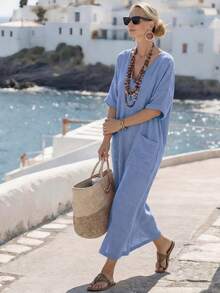 Breezaya Women's Solid Color Long Casual Vacation Dress Cornflower Blue Summer - Gray Blue - View 3