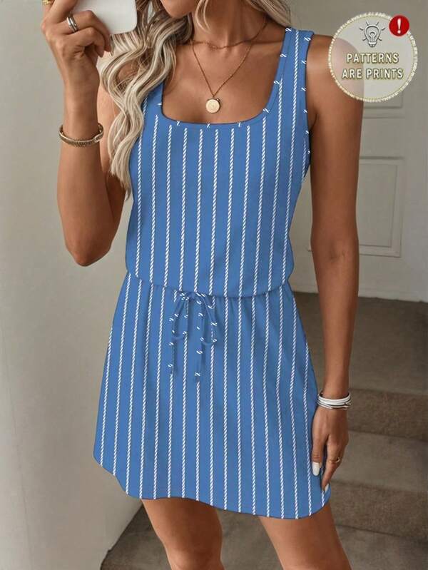 SHEIN LUNE Women's Casual Coastal Printed Short Dress Suitable For Spring And Summer Vacation Blue And White Striped