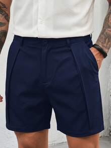 Manfinity RebelGame Men's Solid Color Pleated Casual Shorts With Pockets - Blue - View 6