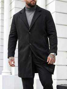 DRIVNCORE Plus Size Men Solid Color Lapel Neck Single Breasted Overcoat, Men's Long Sleeve Black Coat, For Fall Winter - Black - View 1