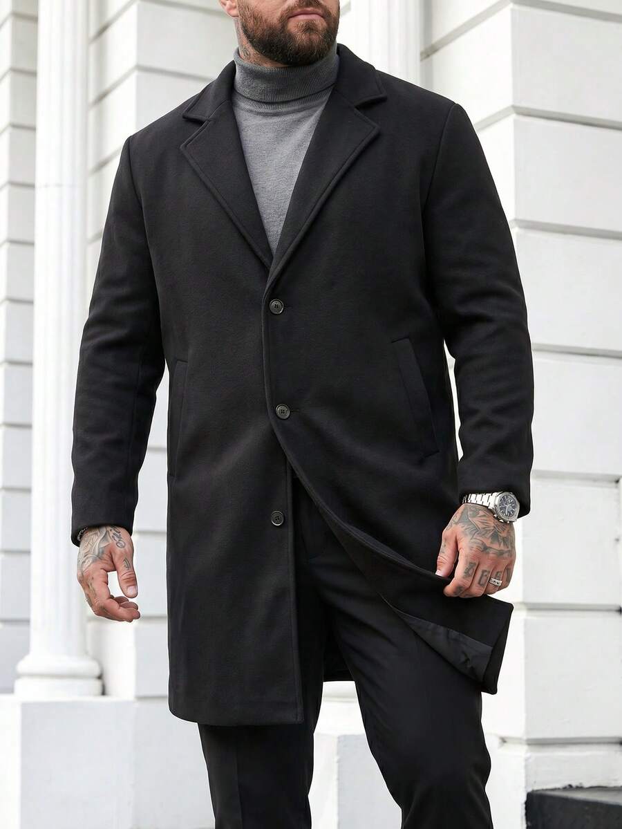 DRIVNCORE Plus Size Men Solid Color Lapel Neck Single Breasted Overcoat, Men's Long Sleeve Black Coat, For Fall Winter - Black - View 1