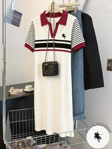 Resyla 女款短洋裝，學院風拼色條紋 Polo 領洋裝，夏季刺繡小馬休閒百搭中長版 T-shirt 洋裝 - 彩色 - 查看 3