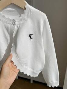 SHEIN 女童白色小開襟衫，附小標誌刺繡與荷葉邊飾，可搭配裙子/公主裙，百搭小外套 - 白色 - View 4