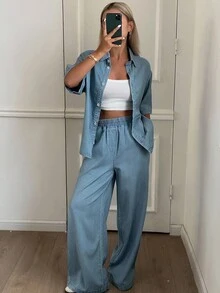 DAZY 女款極簡單排扣短袖襯衫與口袋鬆緊腰長褲牛仔套裝，適合嬌小女性夏季穿著 - 藍色 - 查看 3