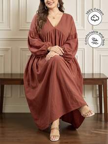 Al Najma Robe arabe décontractée minimaliste de couleur unie à col en V, épaules tombantes, manches longues, coupe ample et régulière, grande taille pour femmes, pour le printemps et l'été - Rose cuivré - Voir 1