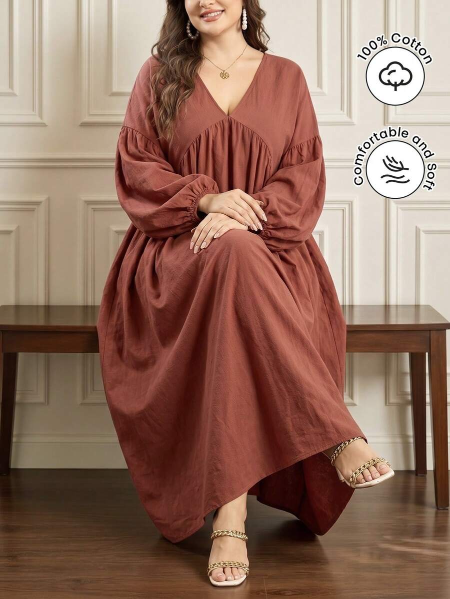 Al Najma Robe arabe décontractée minimaliste de couleur unie à col en V, épaules tombantes, manches longues, coupe ample et régulière, grande taille pour femmes, pour le printemps et l'été - Rose cuivré - Voir 1