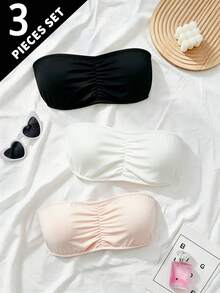 3pcs Teen Girls Puberty Strapless Bandeau Bras, Detachable Cups, No-Shoulder Student Camisole Undershirt Anti-Exposure Bra - Multicolor - View 5