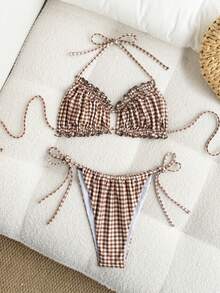 Swim SXY Women's Vacation Plaid Ruffle Halter Tie Sexy Bikini Two-Piece Swimsuit Set - Multicolor - View 6