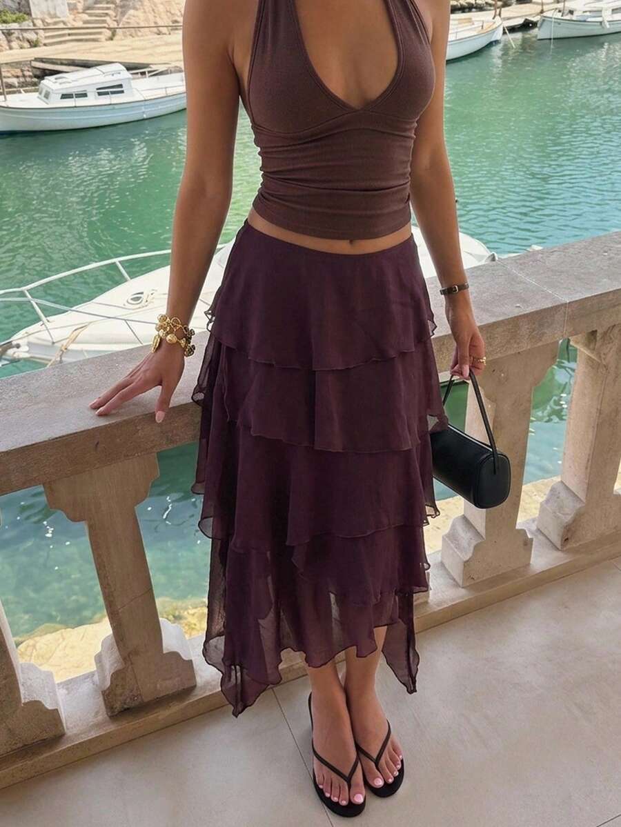 Aloruh 女款優雅浪漫低腰多層荷葉邊 A 字裙,波希米亞風荷葉邊遊牧風,日常約會裙 - 綠色 - 查看 1